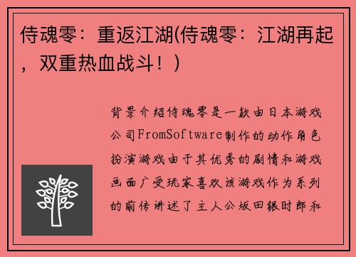 侍魂零：重返江湖(侍魂零：江湖再起，双重热血战斗！)